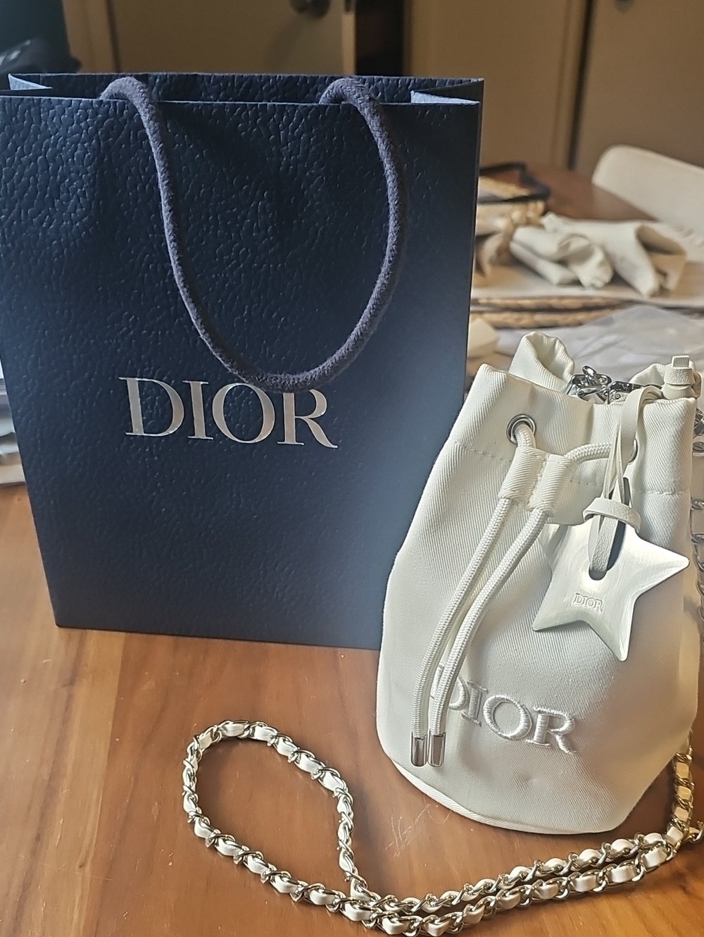 Dior White Drawstring Mini Bucket Bag with Star Charm And Gift Bag